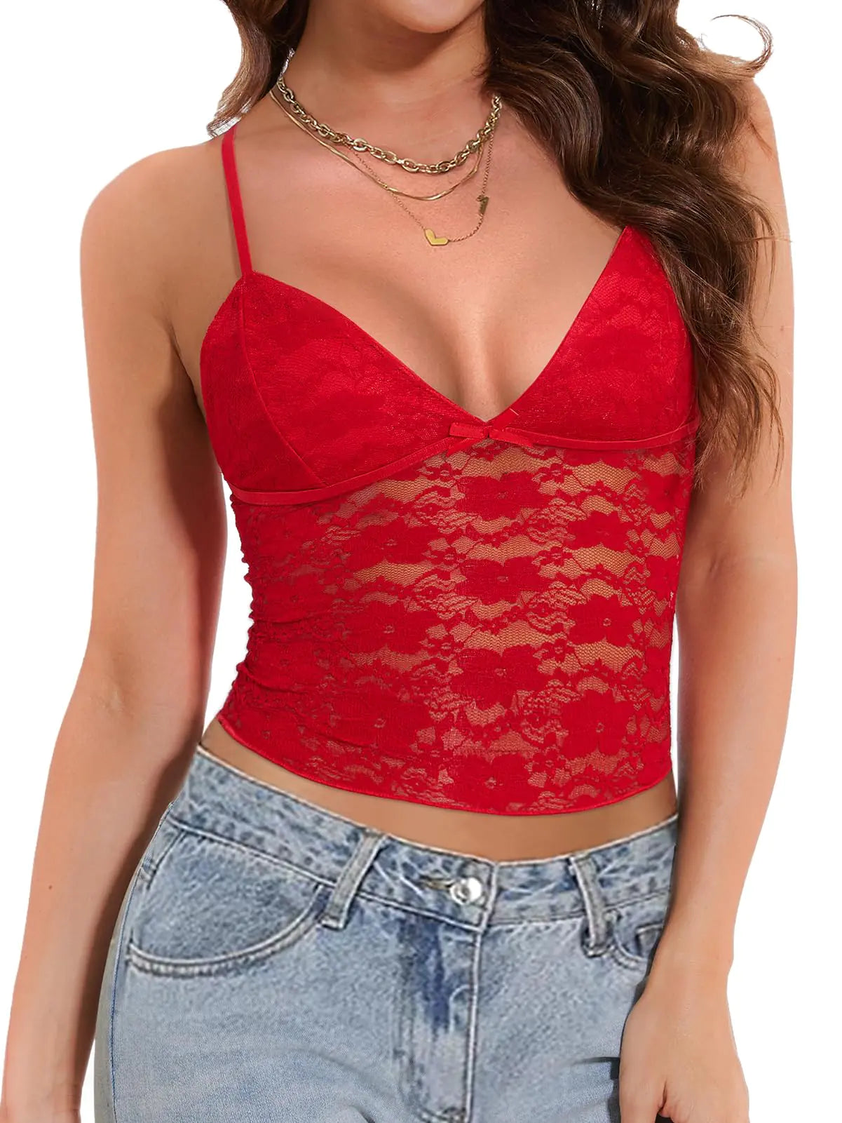 Jenbou Womens Y2k Lace Cami Tank Tops Going Out Crop Tops Spaghetti Strap Mesh See Through Camisole Summer Casual Tops Red