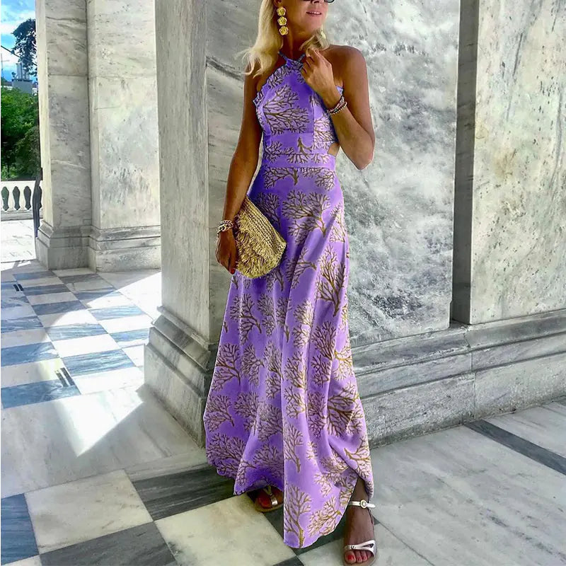 Womens Halterneck Print Midi Dress