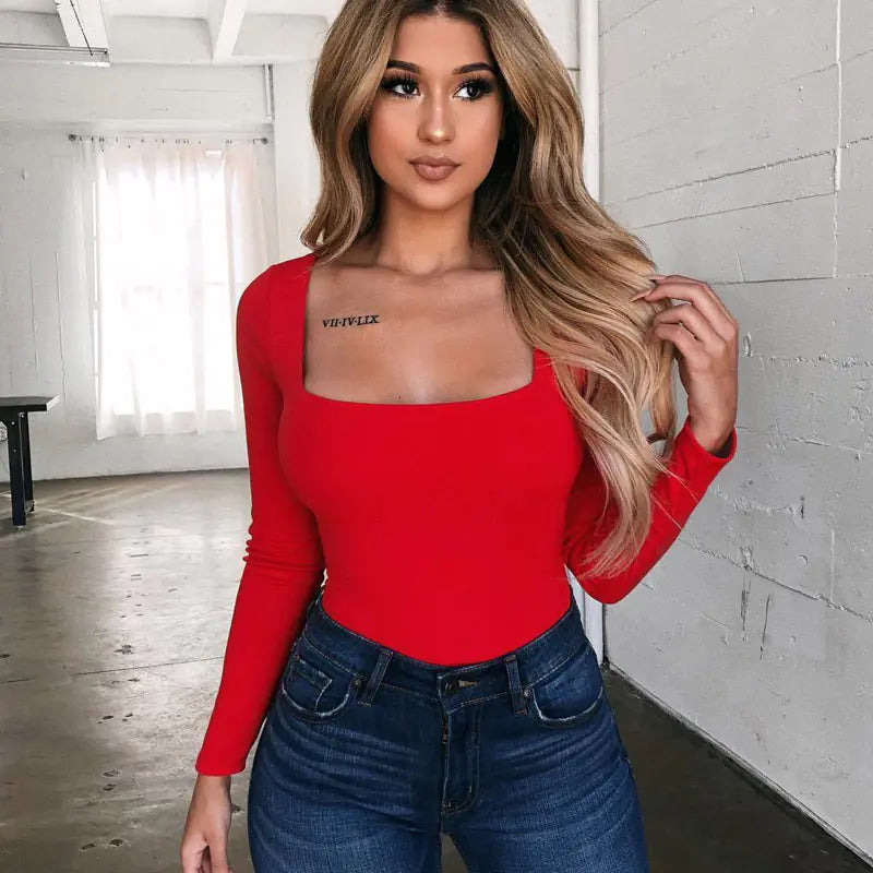 Slim Fit Long Sleeve Square Neck Women's T-Shirt Tops
