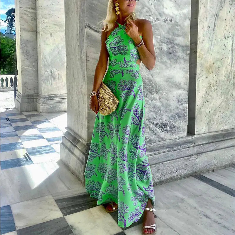 Womens Halterneck Print Midi Dress