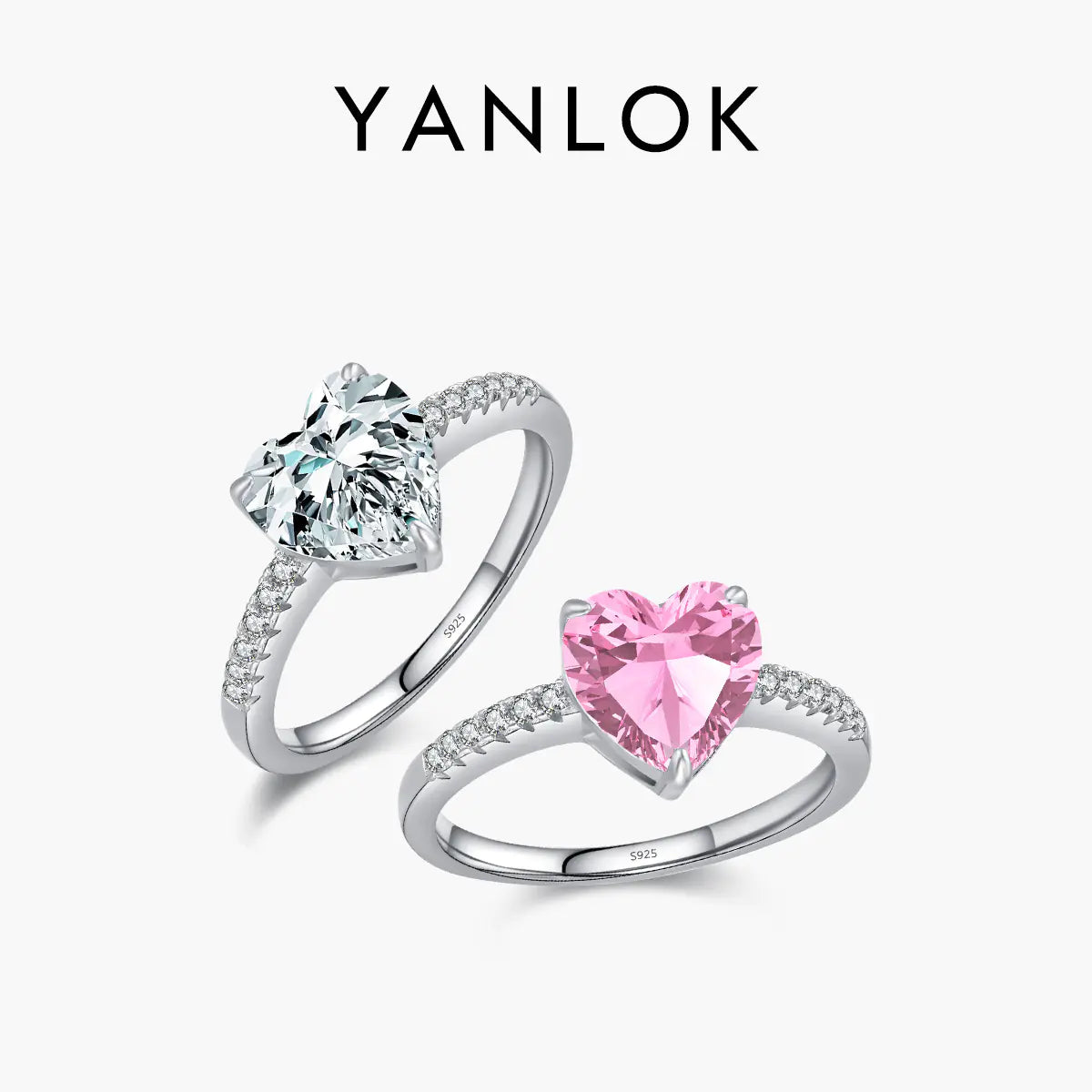 YANLOK S925 Silver Heart-Shaped Ring with Simulated Diamonds