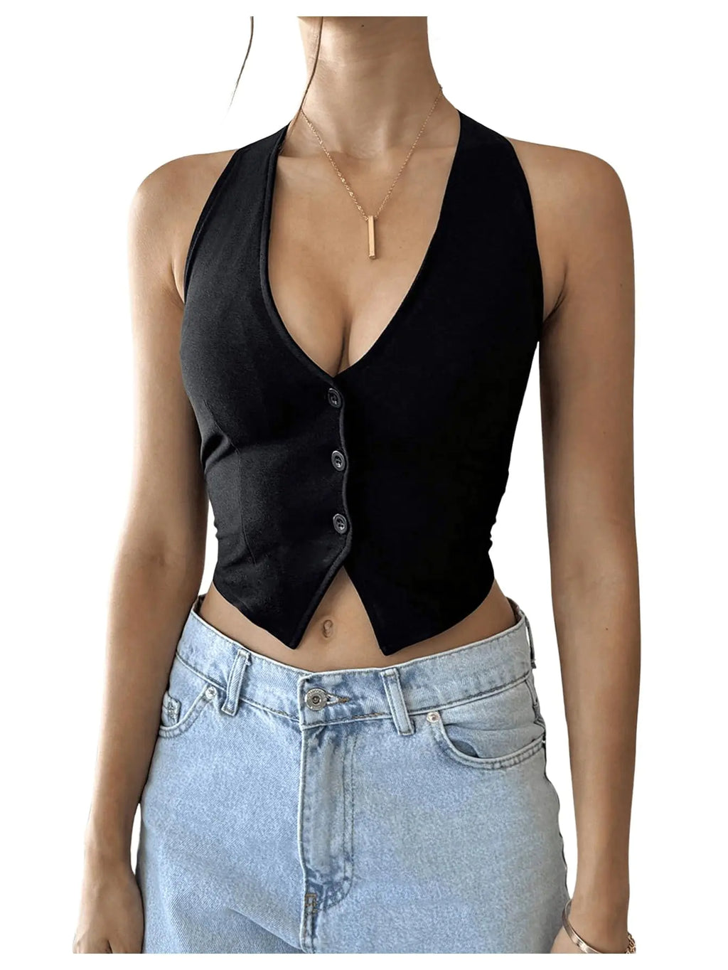 GORGLITTER Womens Fashion Cropped Vest Tops Sexy Backless Halter Tops Going Out Button Down Tank Tops Black Large