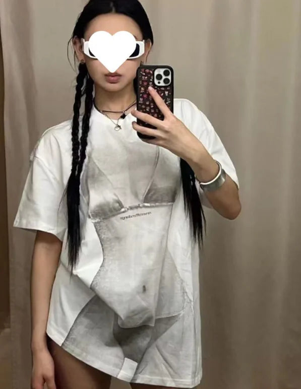 Women's Summer Portrait Print Loose T-shirt Tops