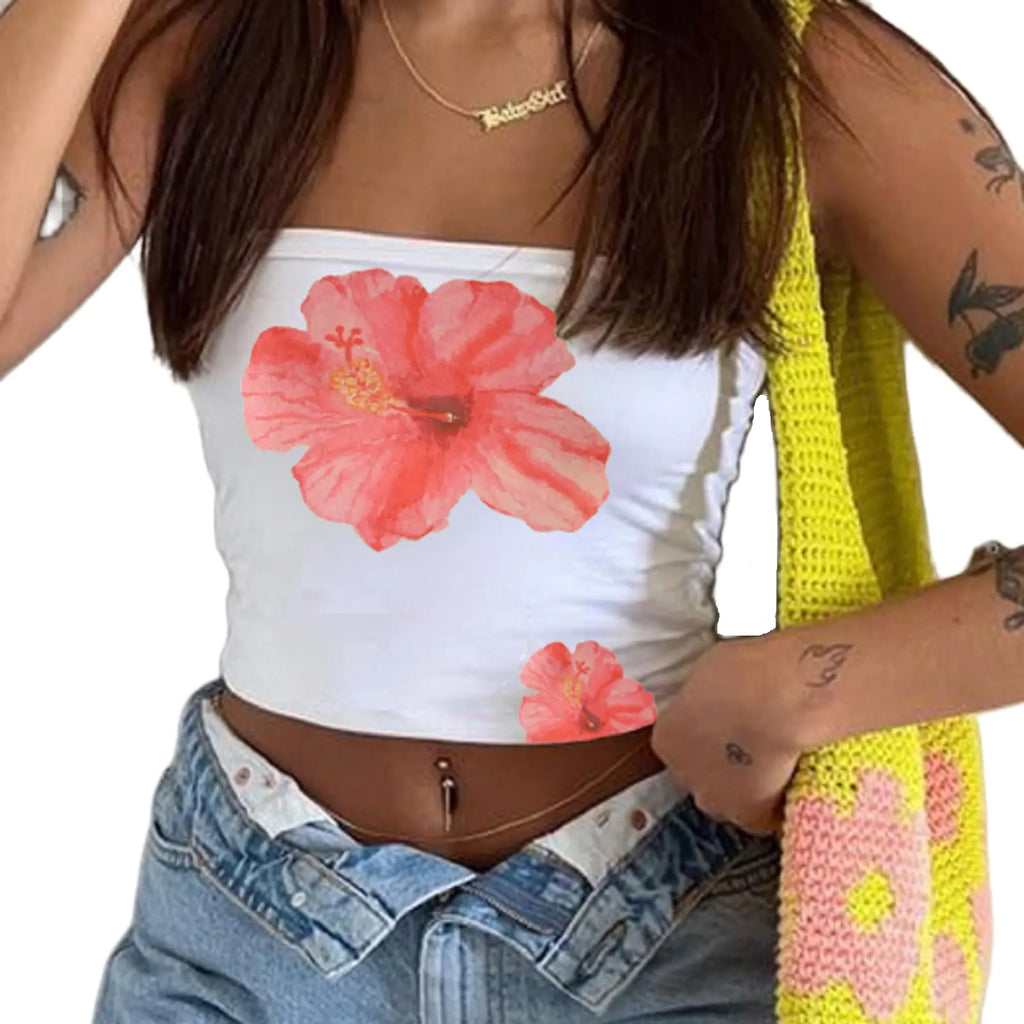 Women Y2k Floral Tube Tops Flower Print Strapless Sleeveless Bandeau Tops Summer Going Out Cropped Tube Tops D White