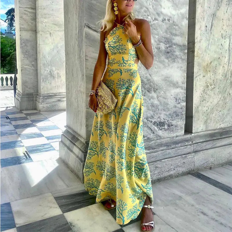 Womens Halterneck Print Midi Dress