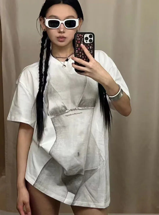 Women's Summer Portrait Print Loose T-shirt Tops